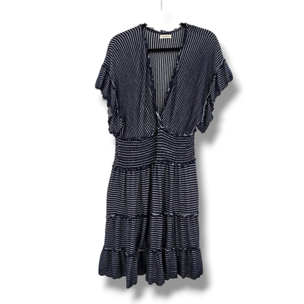 Max Studio Navy Blue White Striped Smocked Tiered Flutter Sleeve Dress Small
